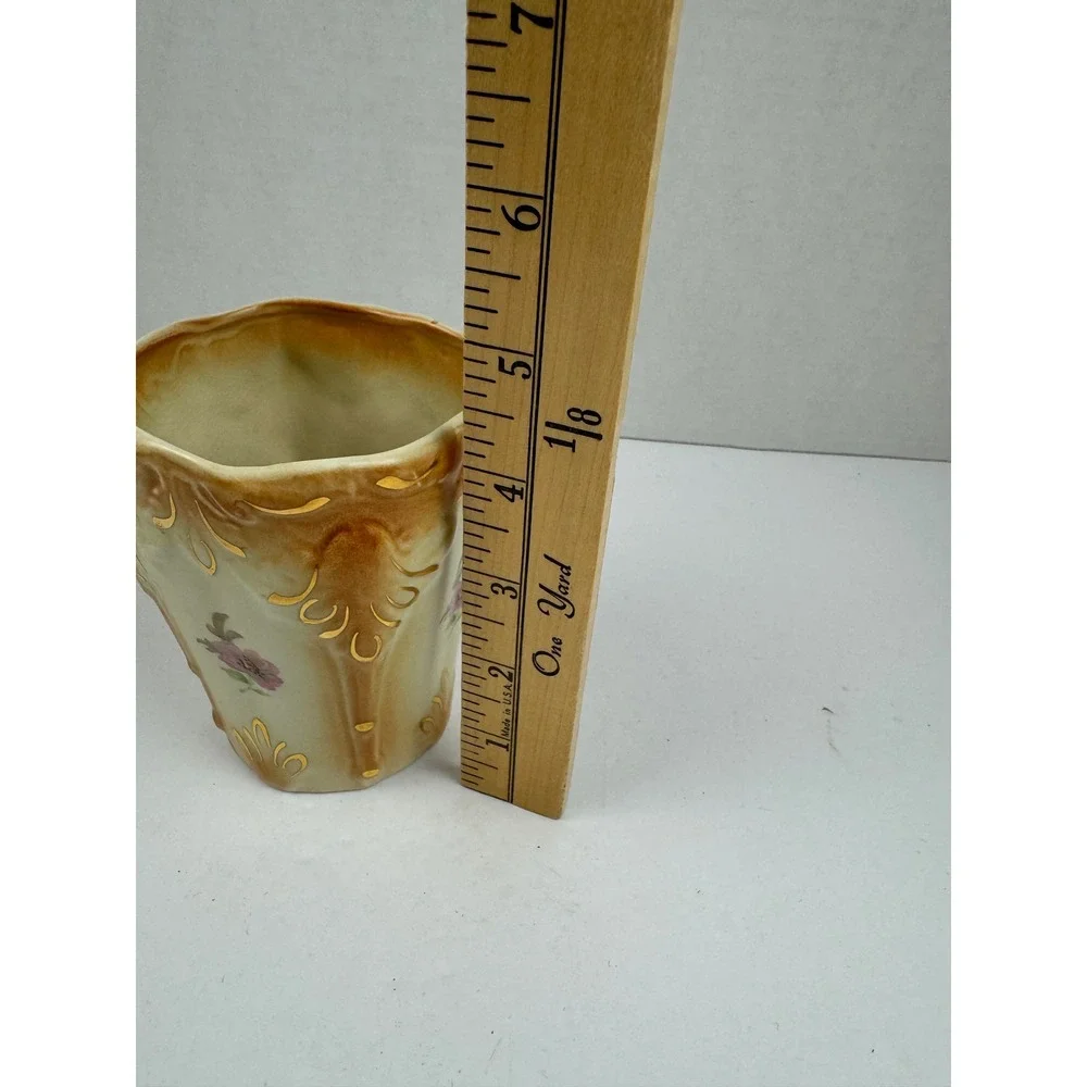 Vintage Floral Ceramic Vase Scalloped Gold Gilt Embossed Scrollwork Tan Cream